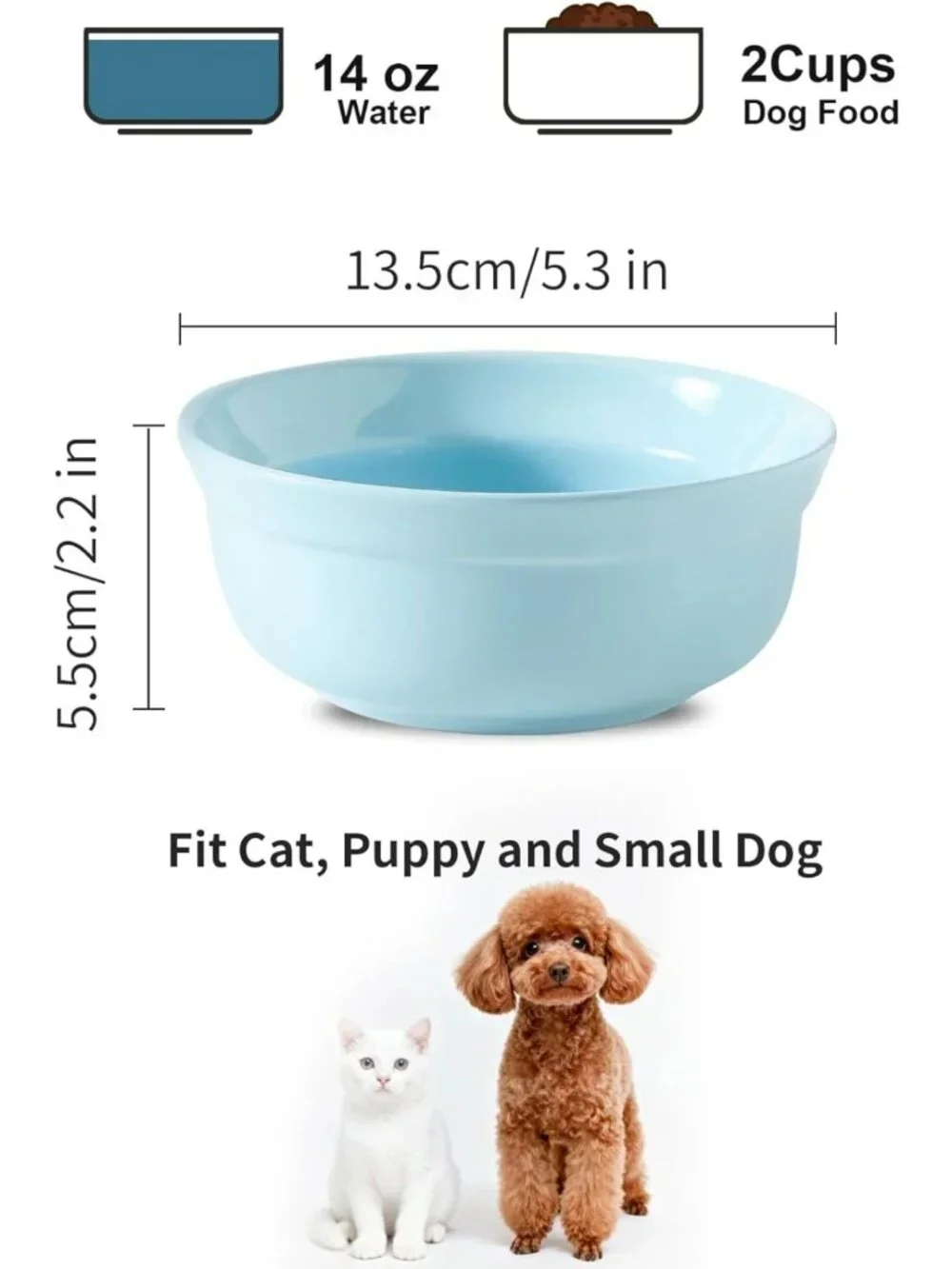 Blue Ceramic Dog Bowl Set - 5.3 Inch Cute Porcelain Cat & Dog Feeding Bowls